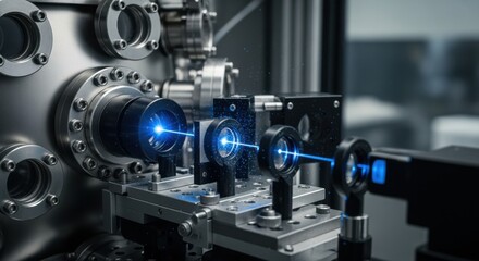 Fototapeta premium Macro image of laser beam passing through optical elements inside vacuum chamber setup tailored for satellite downlink terminals.