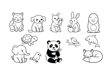 Collection of cute cartoon animals in black and white line art style rabbit panda