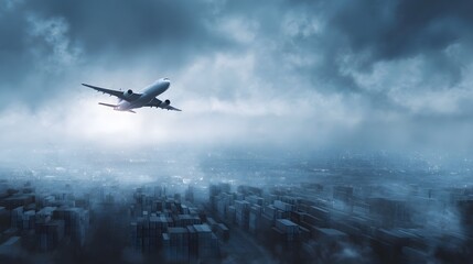 Fototapeta premium A sleek jet airplane soars above a vast misty city under a dramatic cloudy sky symbolizing global travel and urban development