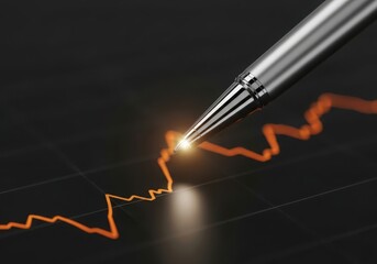 Close up of a pen drawing a bright orange line on a dark background