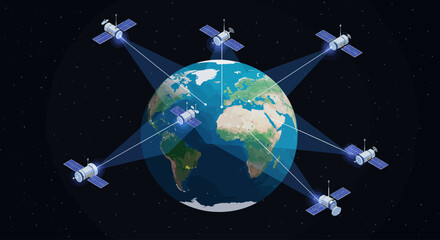 Global satellite internet and communication network connecting continents on Earth with advanced technology