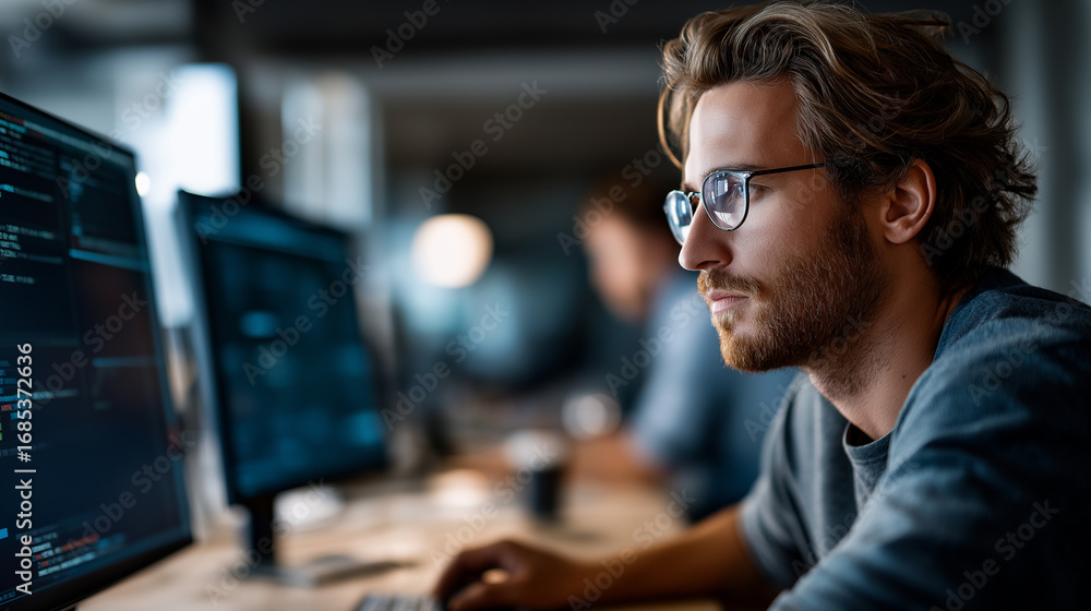 Poster data area coder and male with computer web browsing and gear issue resolution digital expert digital