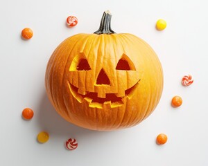 Fototapeta premium Carved halloween pumpkin surrounded by colorful candies on a white background