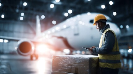 Logistics worker in a high visibility vest and hardhat uses a digital tablet to manage cargo boxes in a bright airplane hangar