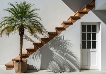 Modern outdoor staircase with palm tree and white door