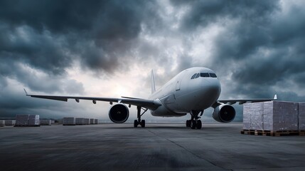 Obraz premium White airplane parked on an airport tar with stacked cargo pallets under a dramatic cloudy sky symbolizing global logistics and trade