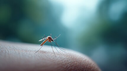Close up of a mosquito sucking blood from human skin, potentially transmitting dangerous diseases like malaria, dengue fever, or zika virus, highlighting the risks associated with mosquito bites