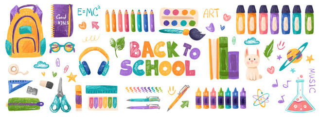 Big set of school supplies in doodle crayon scribble style. Back to school colorful vector illustration isolated on a white background
