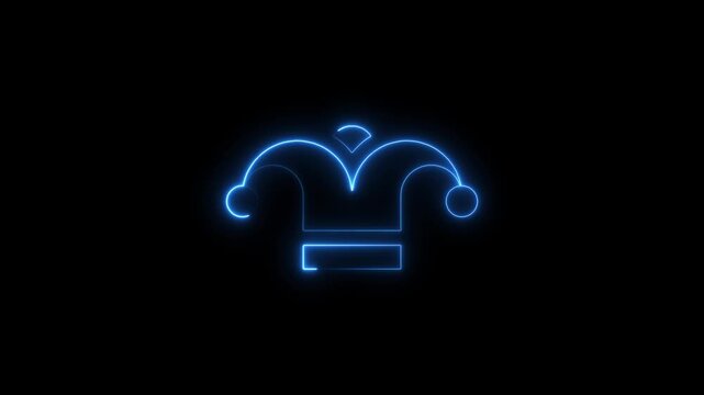 Illuminated blue neon jester hat symbol against a deep black background