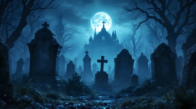 Spooky graveyard at night with a full moon and a haunted castle in the background - Powered by Adobe