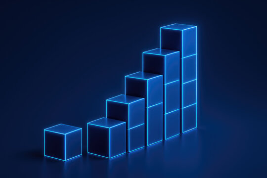 Digital glowing blue cubes stacked in ascending order on dark background