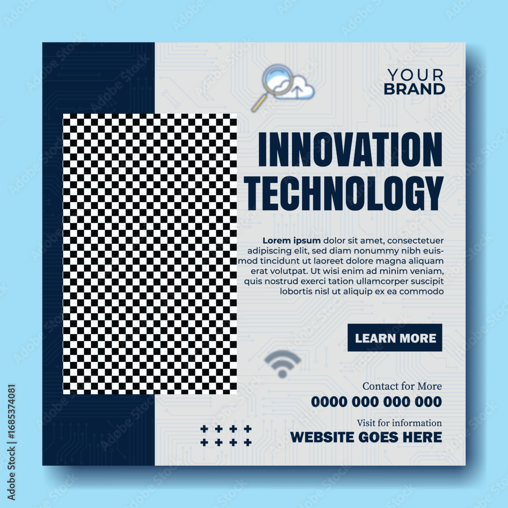 Poster modern digital marketing graphic showcasing innovation and technology with a person working on a com