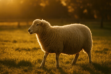 Fototapeta premium Sheep standing on grassy field in warm golden sunlight during sunset