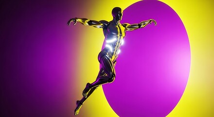 Futuristic humanoid figure in dynamic pose with purple background