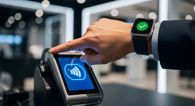 A person's hand wearing a smartwatch making a successful contactless payment at a modern terminal in a retail setting.
