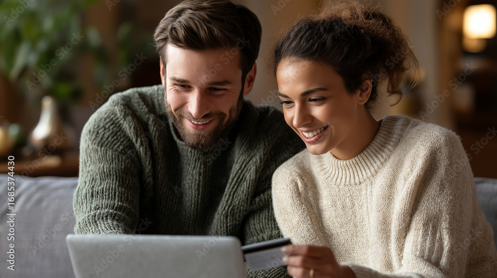 Poster residence payment card and pair on couch computer and web purchase with finance buy and code male an