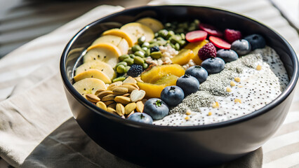 Naklejka na ściany i meble Photograph of a vibrant, healthy breakfast bowl with chia seeds, blueberries, sliced bananas, cashews, green peas, and orange slices, placed on a beige cloth against a sunlit background.