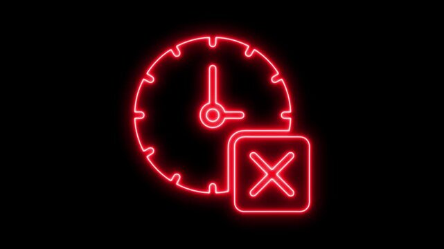 Animated neon clock with a red x symbolizing cancel time or deadline missed
