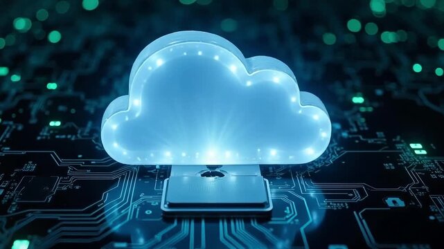 Glowing digital cloud data concept on circuit board, representing futuristic technology and information transfer.