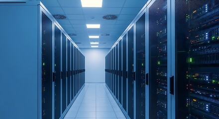 An Expansive Modern Data Center Corridor With Rows Of Server Racks Displaying Illuminated Lights, Representing Advanced Technology And Digital Infrastructure.