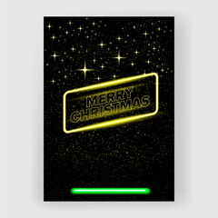 Merry Christmas square poster and banner with neon greeting text and night stars and lights. Merry Christmas flyer, card or invitation with starry space and text