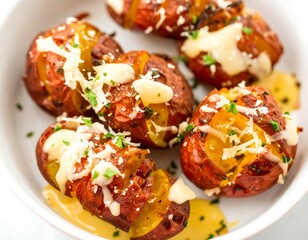 Roasted potatoes, topped with cheese and sauce