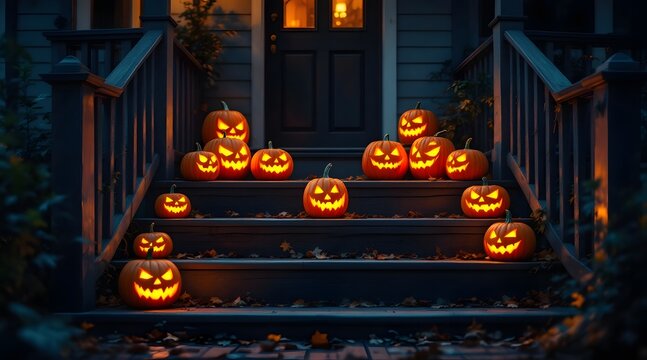 Many carved pumpkins with glowing lights on house steps for halloween night