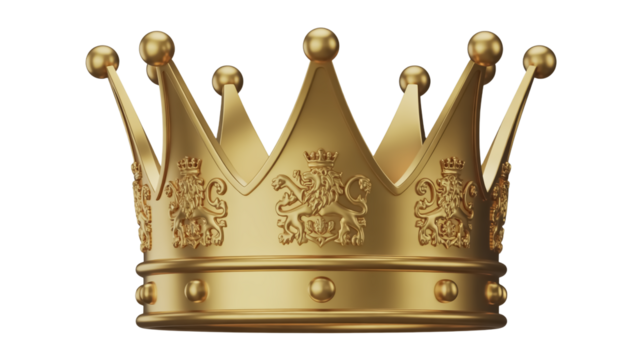 A highly detailed 3D rendering of a royal gold crown against on a transparent background.