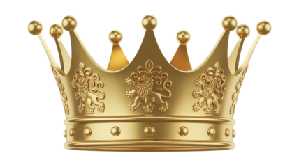 A highly detailed 3D rendering of a royal gold crown against on a transparent background.