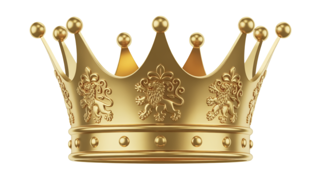 A highly detailed 3D rendering of a royal gold crown against on a transparent background.