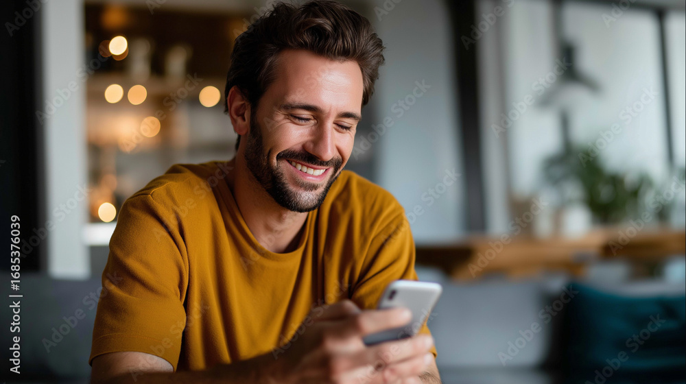 Aufkleber mobile image and grin with male on couch in lounge of residence for online network browsing applicat