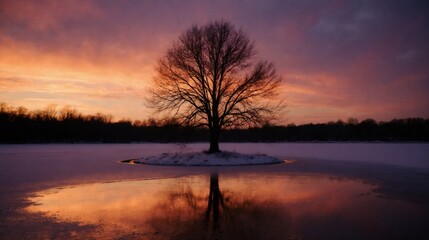 Obraz premium Dramatic winter sunset over a frozen lake with a solitary bare tree