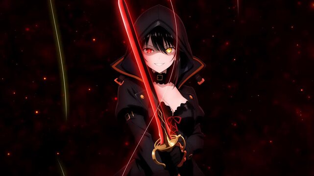 Anime girl on the background of stars in a shadow suit, anime wallpaper for pc