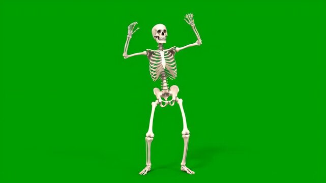 Skeleton Raising Arms Up on Green Screen for Halloween Night Animated Background or Creepy October Decoration