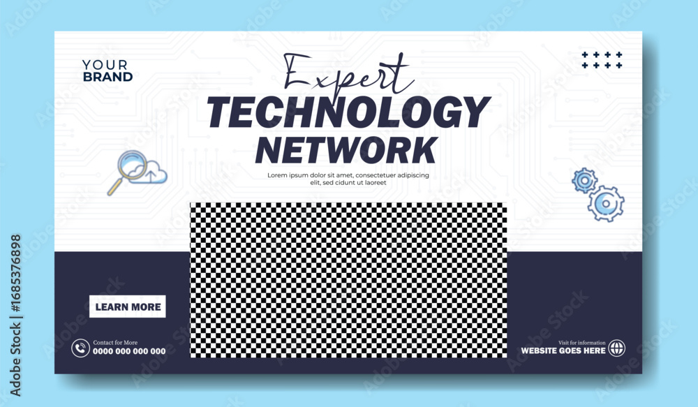 Poster modern technology network event with abstract graphics and a male participant in the foreground