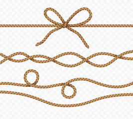 Rope set isolated on transparent background. Vector realistic jute, lace, bow and cord elements. 3d fiber texture strings