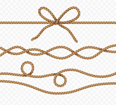 Rope set isolated on transparent background. Vector realistic jute, lace, bow and cord elements. 3d fiber texture strings