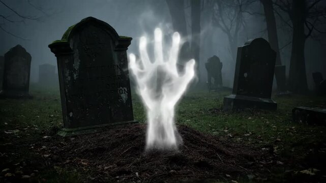 Graveyard Scene With Smoke Above a Fresh Grave on a Foggy Night for Halloween, Showing Ancient Tombstones