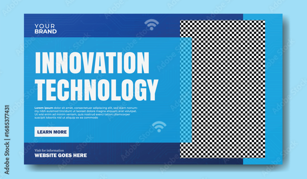 Poster modern digital marketing concept with a person working on a computer screen displaying innovation an