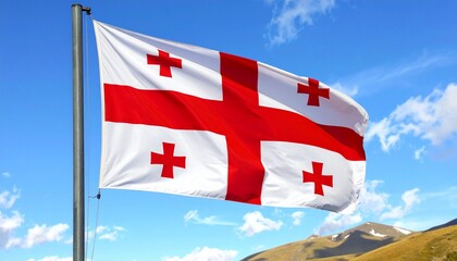 Georgian national flag flying on a flagpole against a blue sky with scattered clouds and mountainous terrain, symbolizing national pride, heritage, and identity in a scenic outdoor setting.