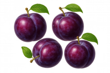 Four fresh, ripe plums with green leaves, isolated on a transparent background, perfect for healthy eating and food-related designs