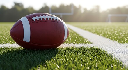 American football on a grassy field with stadium lights