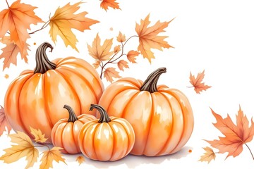Autumn pumpkins and fall leaves isolated on white background