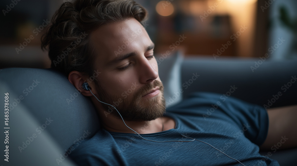 Poster male computer and earphones on couch for unwind online network and clip broadcast or site in residen