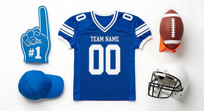 American football gear and fan items isolated on white background