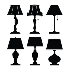 Obraz premium Six black silhouette table lamps with different bases and shades black and white interior