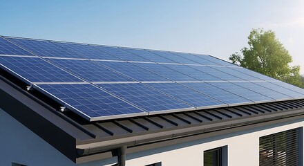 A Modern Residential House Features An Extensive Array Of Blue Solar Panels On Its Dark Roof, Symbolizing Sustainable Energy Production And Environmental Responsibility.