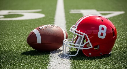 American football and red helmet on a field