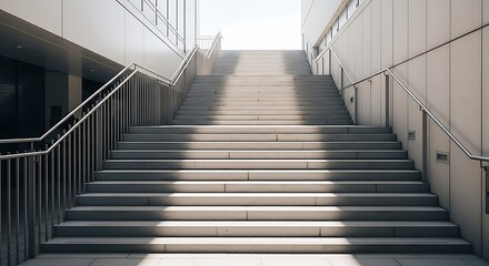 Obraz premium An Urban Stairway Features Modern Architecture, Concrete Steps, And Metal Railings Bathed In Natural Sunlight.