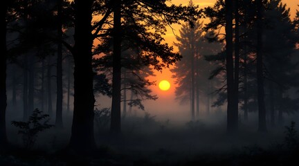 Fototapeta premium Sunlight breaking through the misty forest canopy at dawn